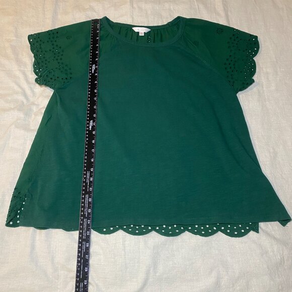 LC Lauren Conrad Peasant Blouse Womens L Drk Green Embroidery Flutter Sleeve EUC - Picture 11 of 12